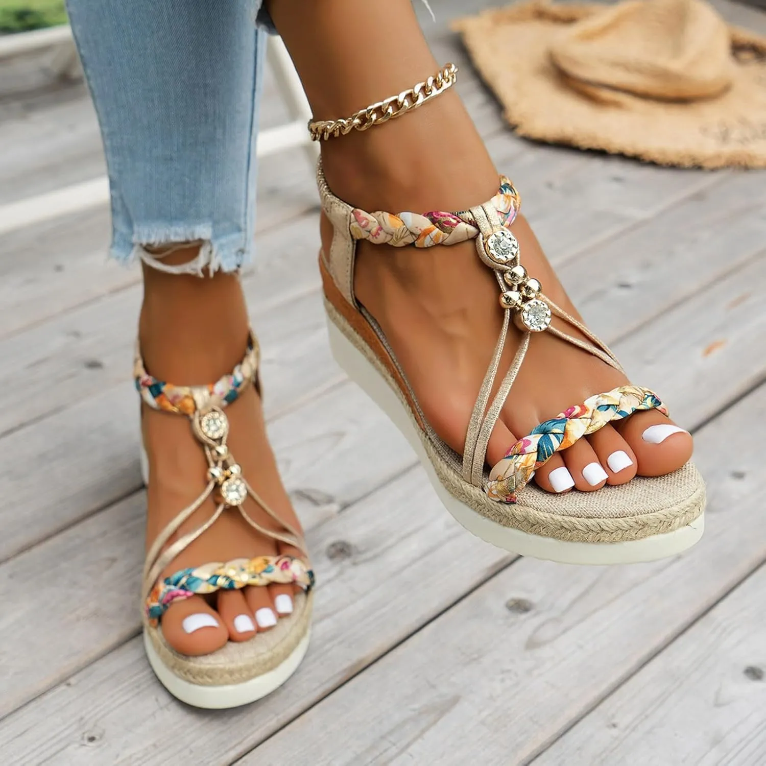 Womens Low Wedge Heels Sandals Shoes,Wide Width Platform Wedge Sandals for Women Summer Dressy,Comfort Walking Non Slip Casual Summer Beach Sandals Ankle Elastic Bohemian Woven Sandals