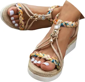 Womens Low Wedge Heels Sandals Shoes,Wide Width Platform Wedge Sandals for Women Summer Dressy,Comfort Walking Non Slip Casual Summer Beach Sandals Ankle Elastic Bohemian Woven Sandals