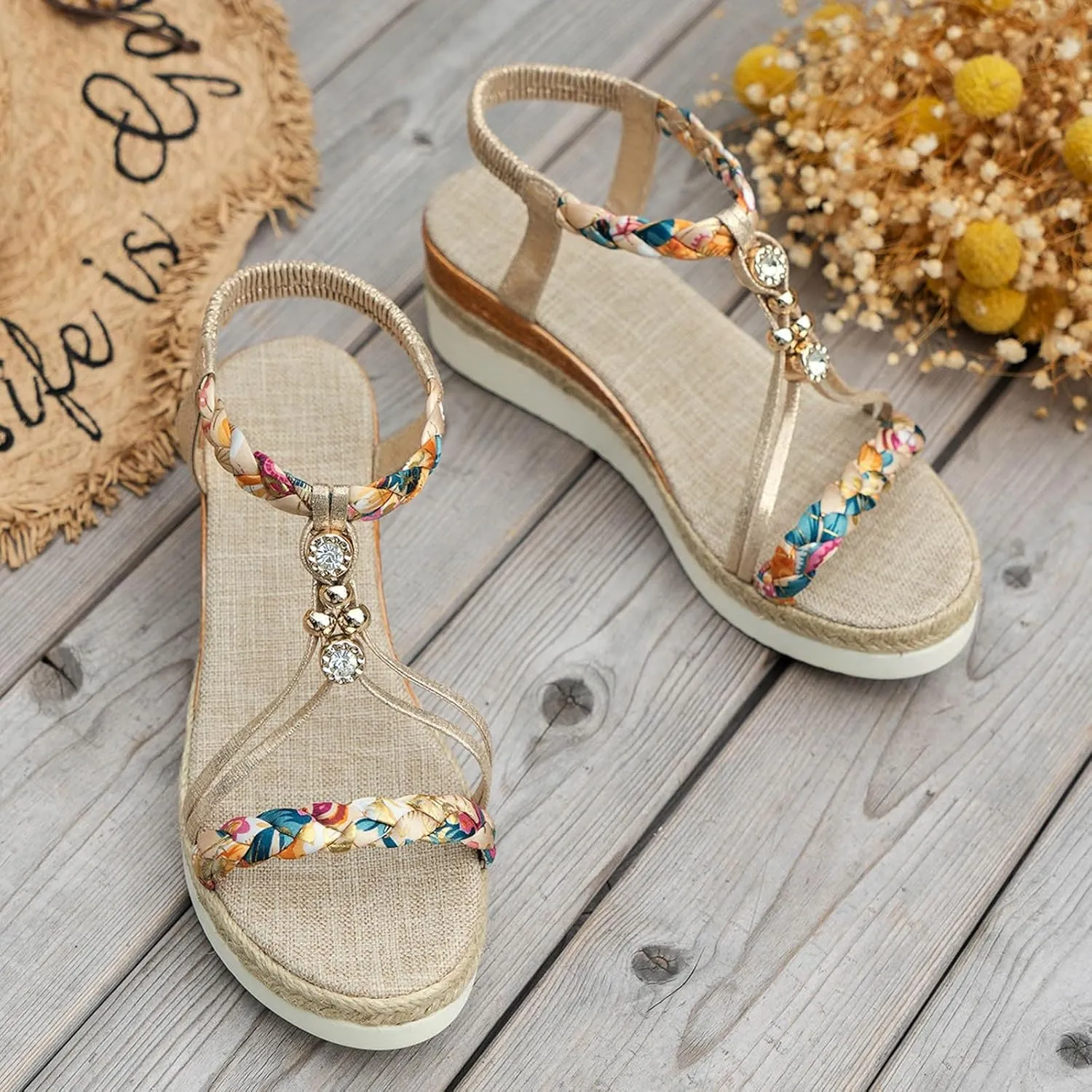Womens Low Wedge Heels Sandals Shoes,Wide Width Platform Wedge Sandals for Women Summer Dressy,Comfort Walking Non Slip Casual Summer Beach Sandals Ankle Elastic Bohemian Woven Sandals