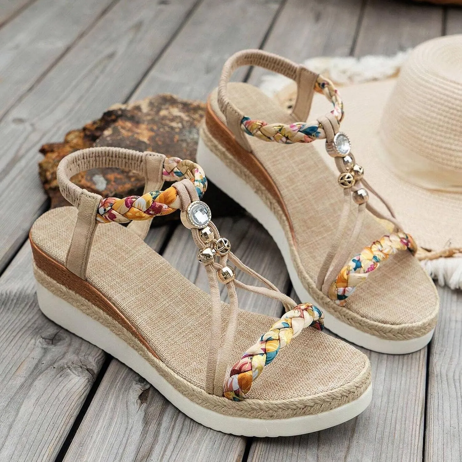 Womens Low Wedge Heels Sandals Shoes,Wide Width Platform Wedge Sandals for Women Summer Dressy,Comfort Walking Non Slip Casual Summer Beach Sandals Ankle Elastic Bohemian Woven Sandals