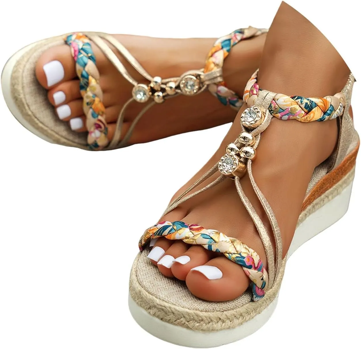 Womens Low Wedge Heels Sandals Shoes,Wide Width Platform Wedge Sandals for Women Summer Dressy,Comfort Walking Non Slip Casual Summer Beach Sandals Ankle Elastic Bohemian Woven Sandals