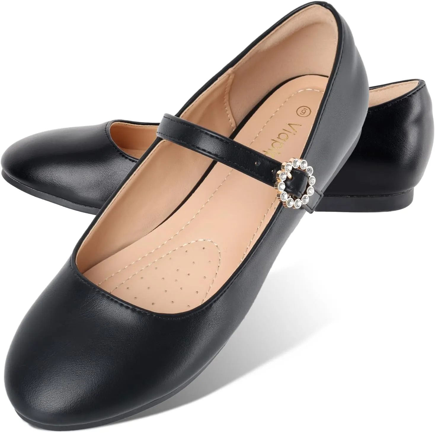 Womens Mary Jane Shoes Comfortable Strap Flats Dressy Casual Ballet Flats Shoes Floral Buckle Round Toe Black Flats Shoes for Women