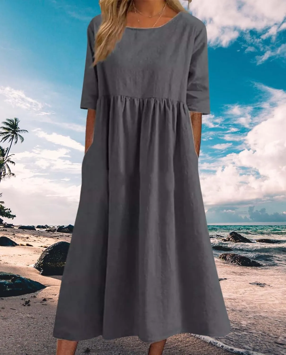Womens Maxi Dresses Half Sleeve Crew Neck Casual Floral Print Plus Size Beach Dress with Pockets for 2025 Summer