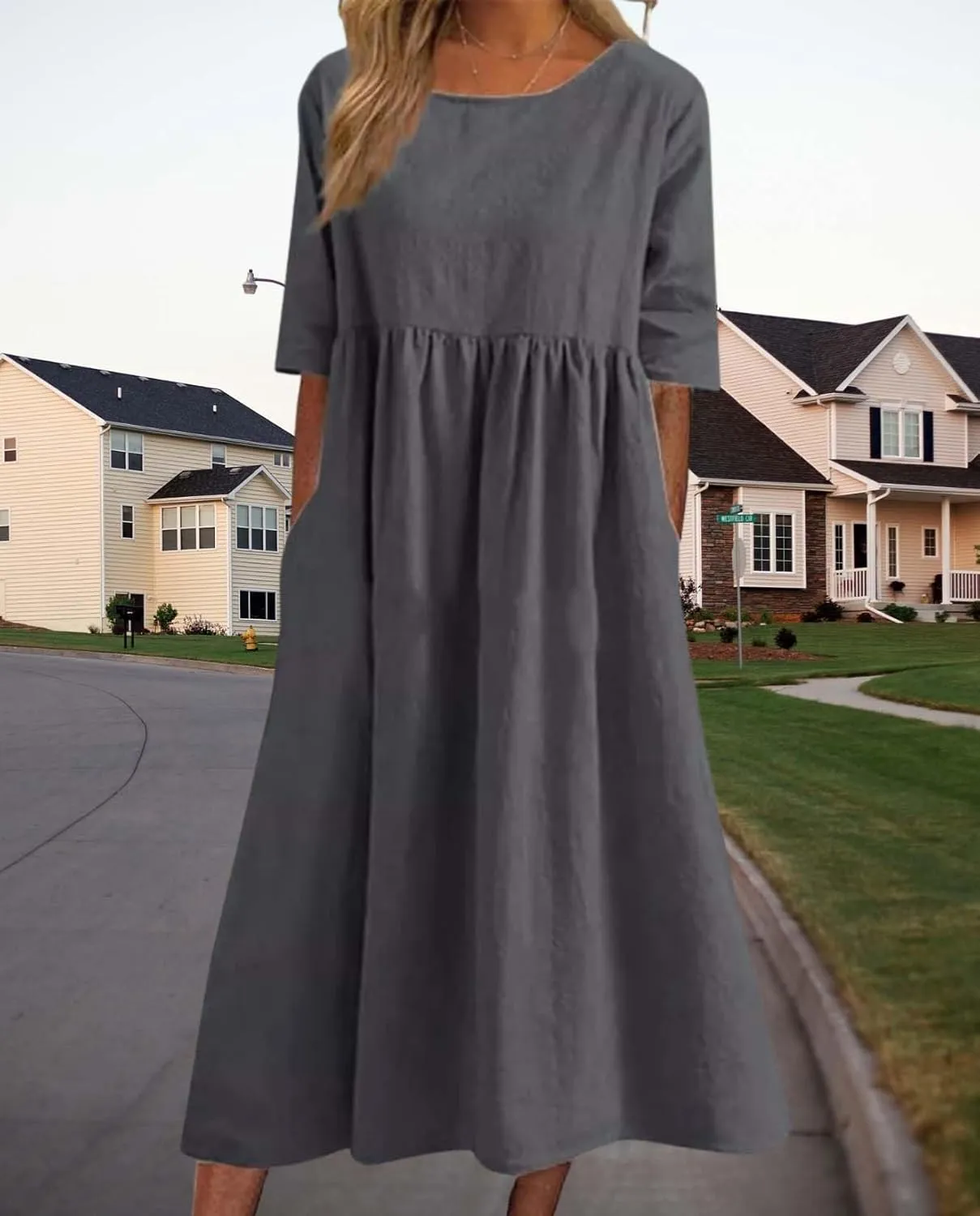 Womens Maxi Dresses Half Sleeve Crew Neck Casual Floral Print Plus Size Beach Dress with Pockets for 2025 Summer