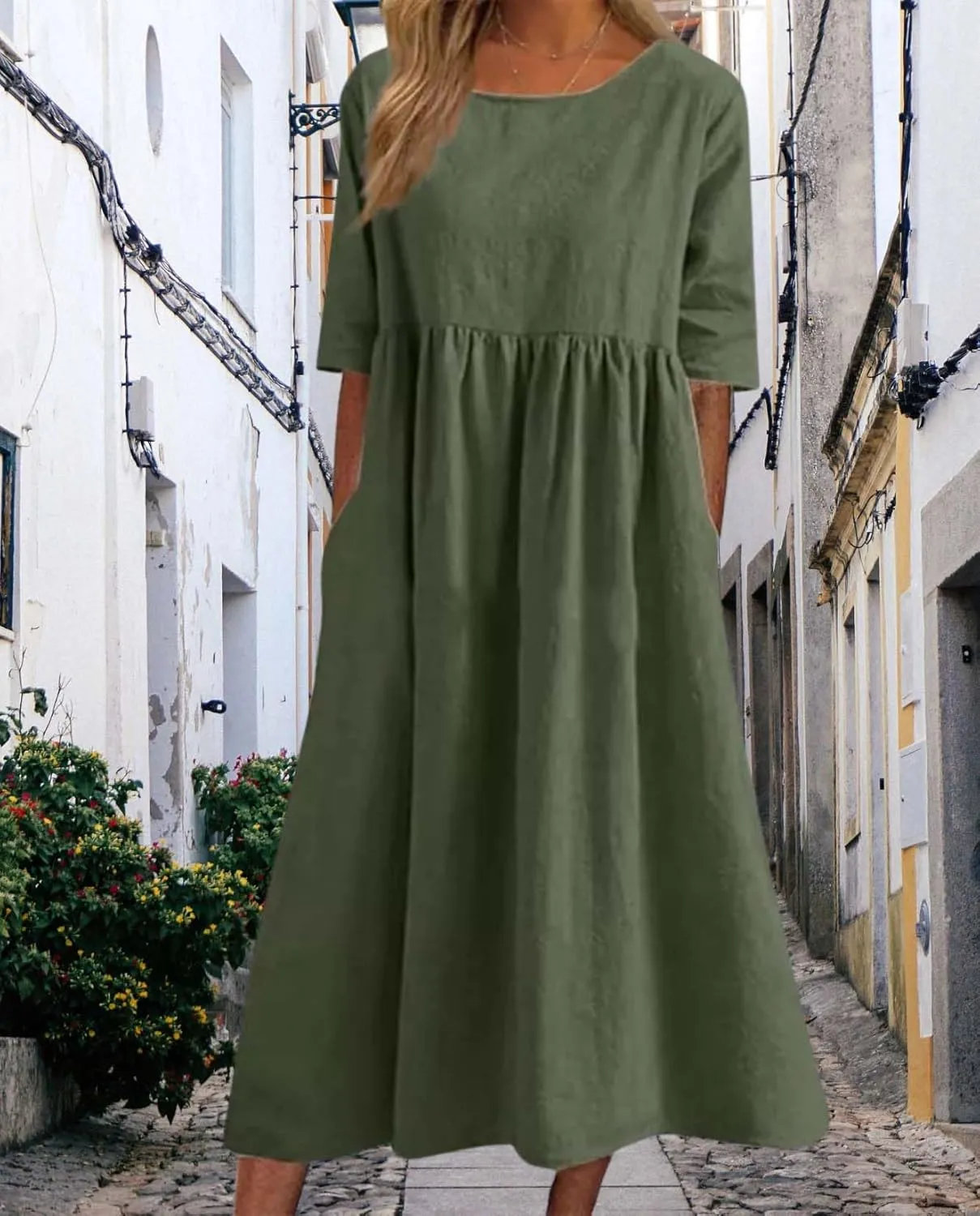 Womens Maxi Dresses Half Sleeve Crew Neck Casual Floral Print Plus Size Beach Dress with Pockets for 2025 Summer