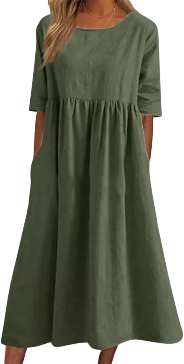 Womens Maxi Dresses Half Sleeve Crew Neck Casual Floral Print Plus Size Beach Dress with Pockets for 2025 Summer