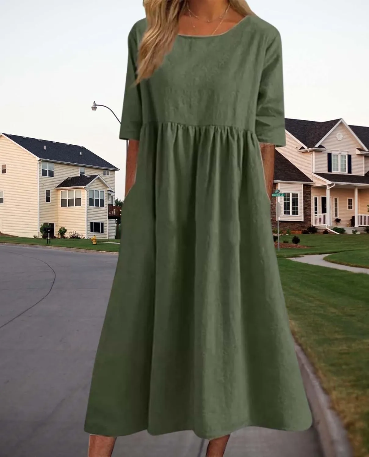 Womens Maxi Dresses Half Sleeve Crew Neck Casual Floral Print Plus Size Beach Dress with Pockets for 2025 Summer