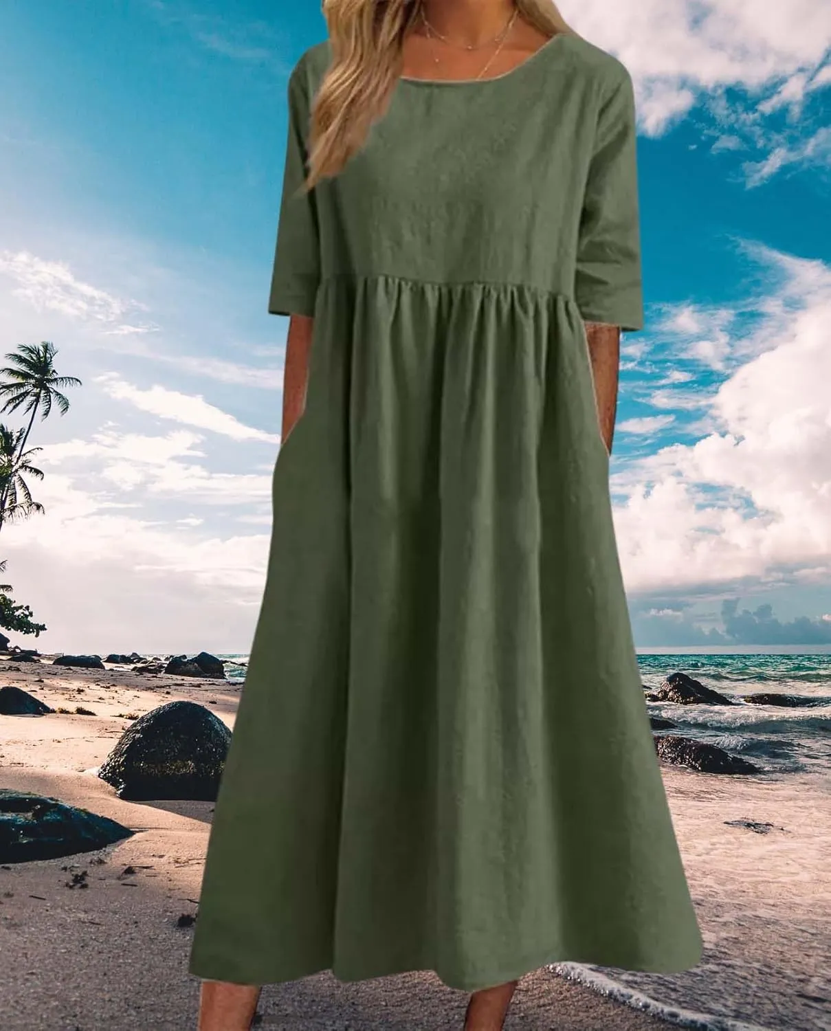 Womens Maxi Dresses Half Sleeve Crew Neck Casual Floral Print Plus Size Beach Dress with Pockets for 2025 Summer