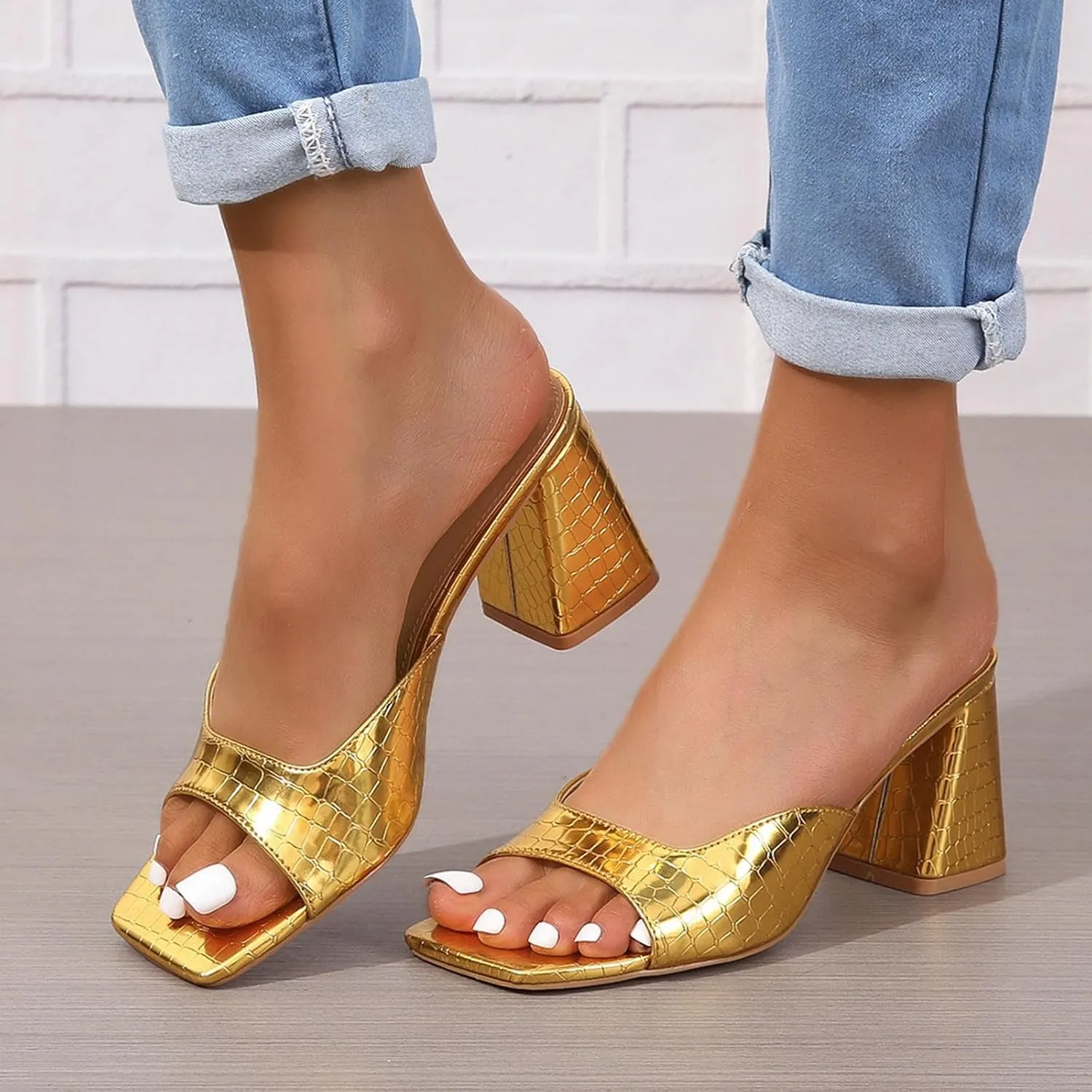 Women'S Open Toe Sandals Low Block Chunky Heel New Europe And The United States Fashion A Footstool Sequins Thick With