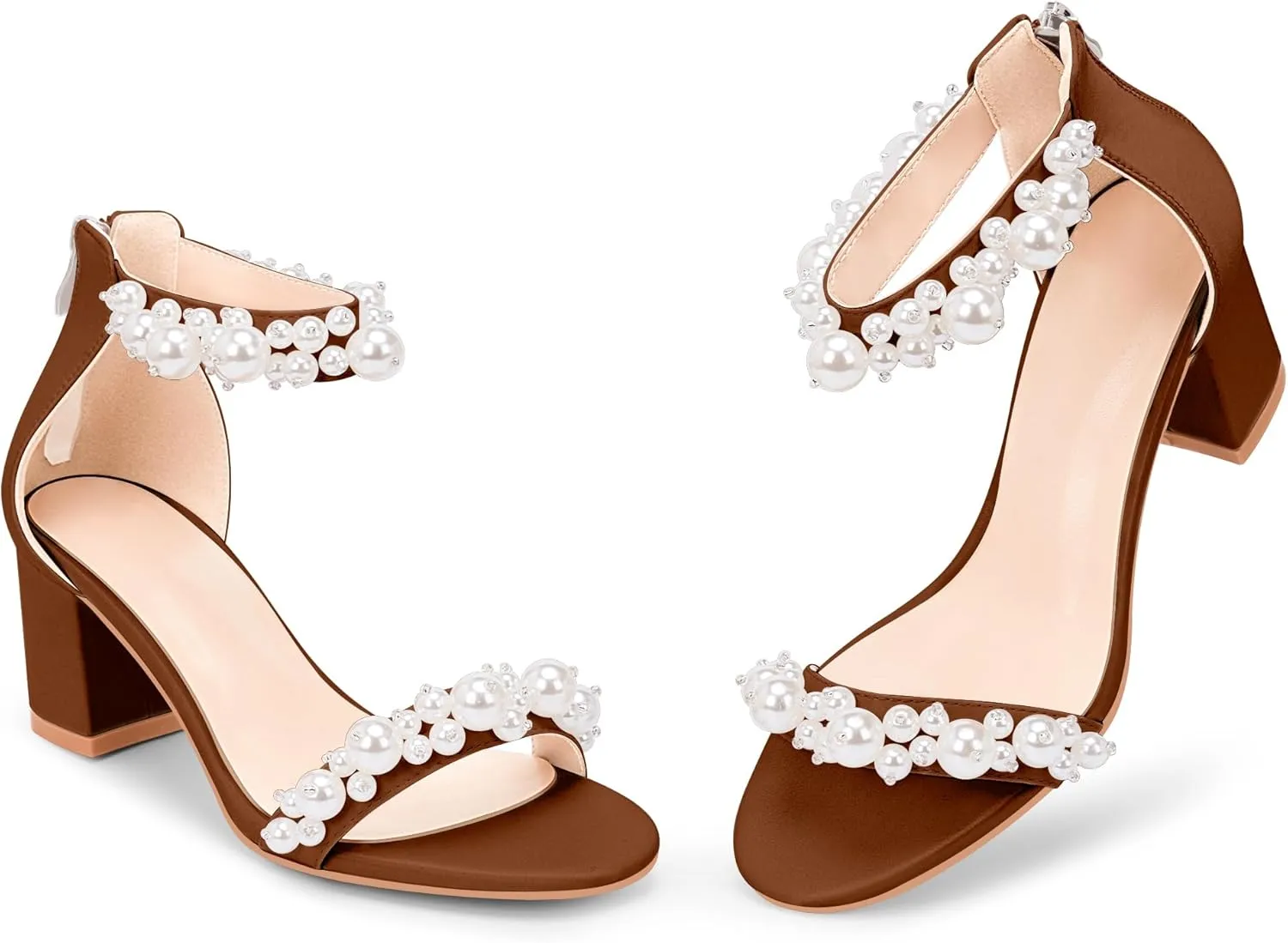 Women's Pearl Decoration Ankle Strap Sandals Chunky Block Heel Wedding Party Shoes