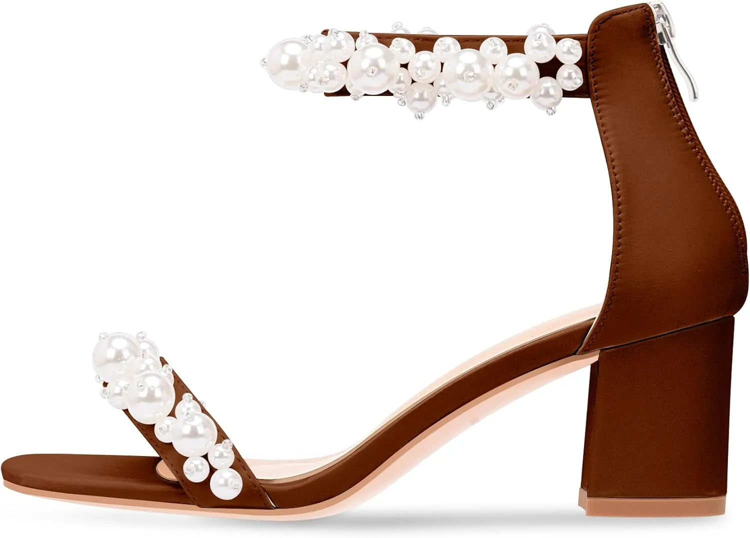 Women's Pearl Decoration Ankle Strap Sandals Chunky Block Heel Wedding Party Shoes