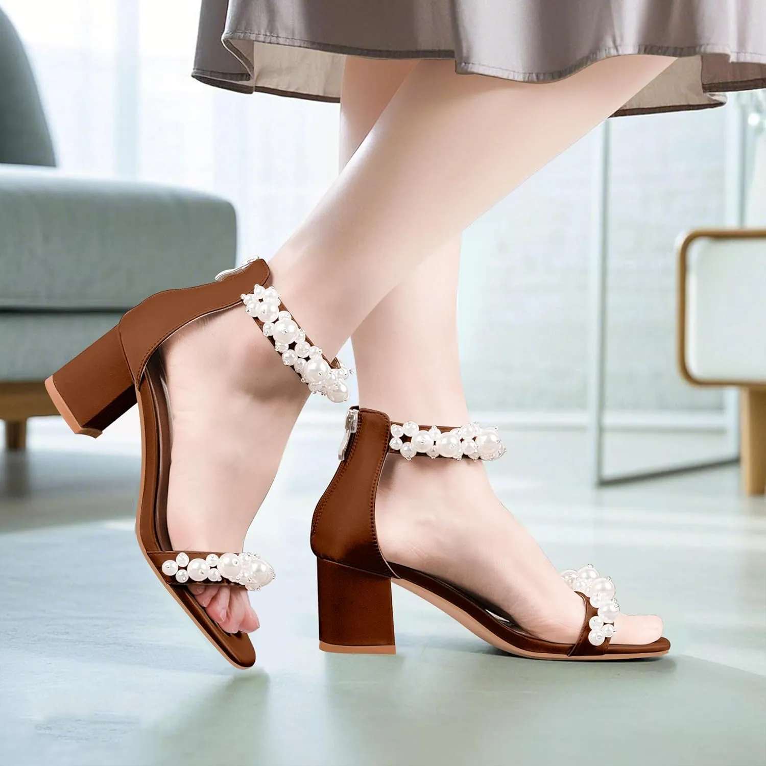 Women's Pearl Decoration Ankle Strap Sandals Chunky Block Heel Wedding Party Shoes