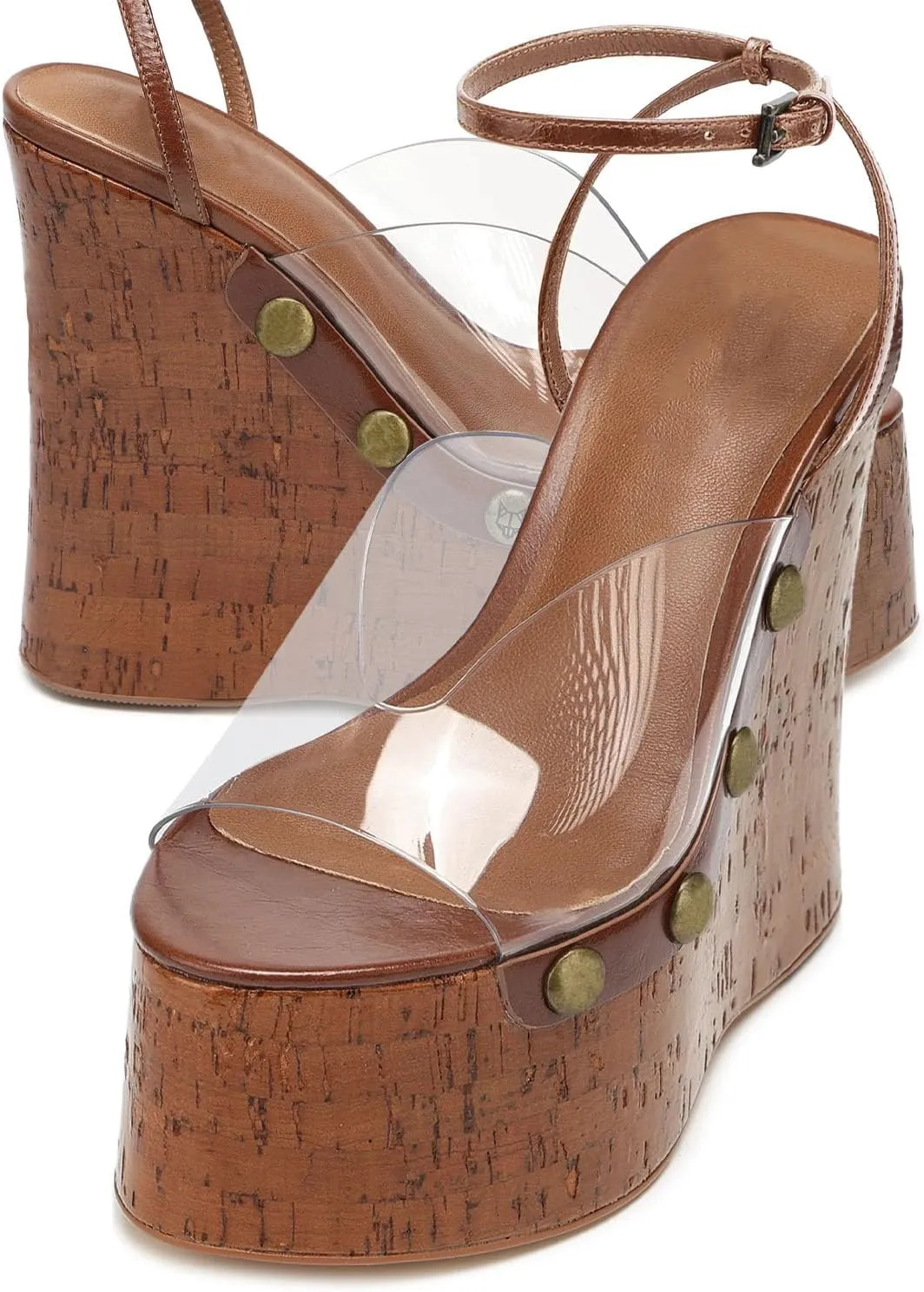 Womens Platform Heels for Women Peep Open Toe Ankle Buckle Strappy Wedge Heeled Sandals Dressy Cork High Heel Summer Shoes