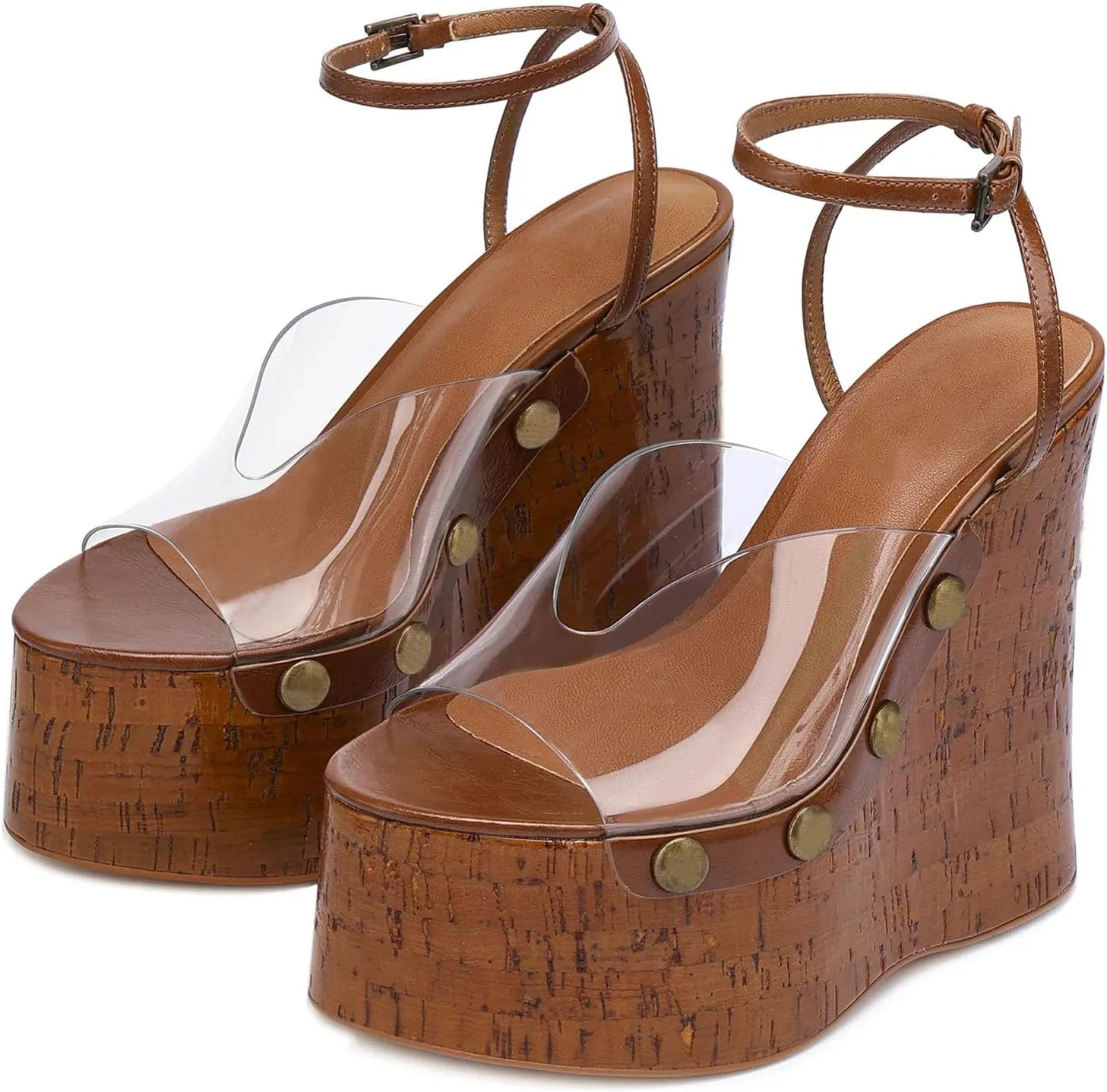 Womens Platform Heels for Women Peep Open Toe Ankle Buckle Strappy Wedge Heeled Sandals Dressy Cork High Heel Summer Shoes