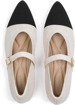 Women's Pointed Toe Knit Mary Jane Ballet Flats for Office Casual Wear Stretchy Dressy Slip-On Shoes with Arch Support