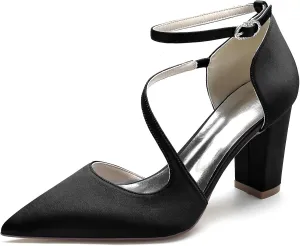 Women's Pointed Toe Satin Chunky Block High Heels Wedding Sandals Ankle Strap Dress Shoes Prom Party Pumps