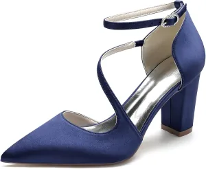 Women's Pointed Toe Satin Chunky Block High Heels Wedding Sandals Ankle Strap Dress Shoes Prom Party Pumps