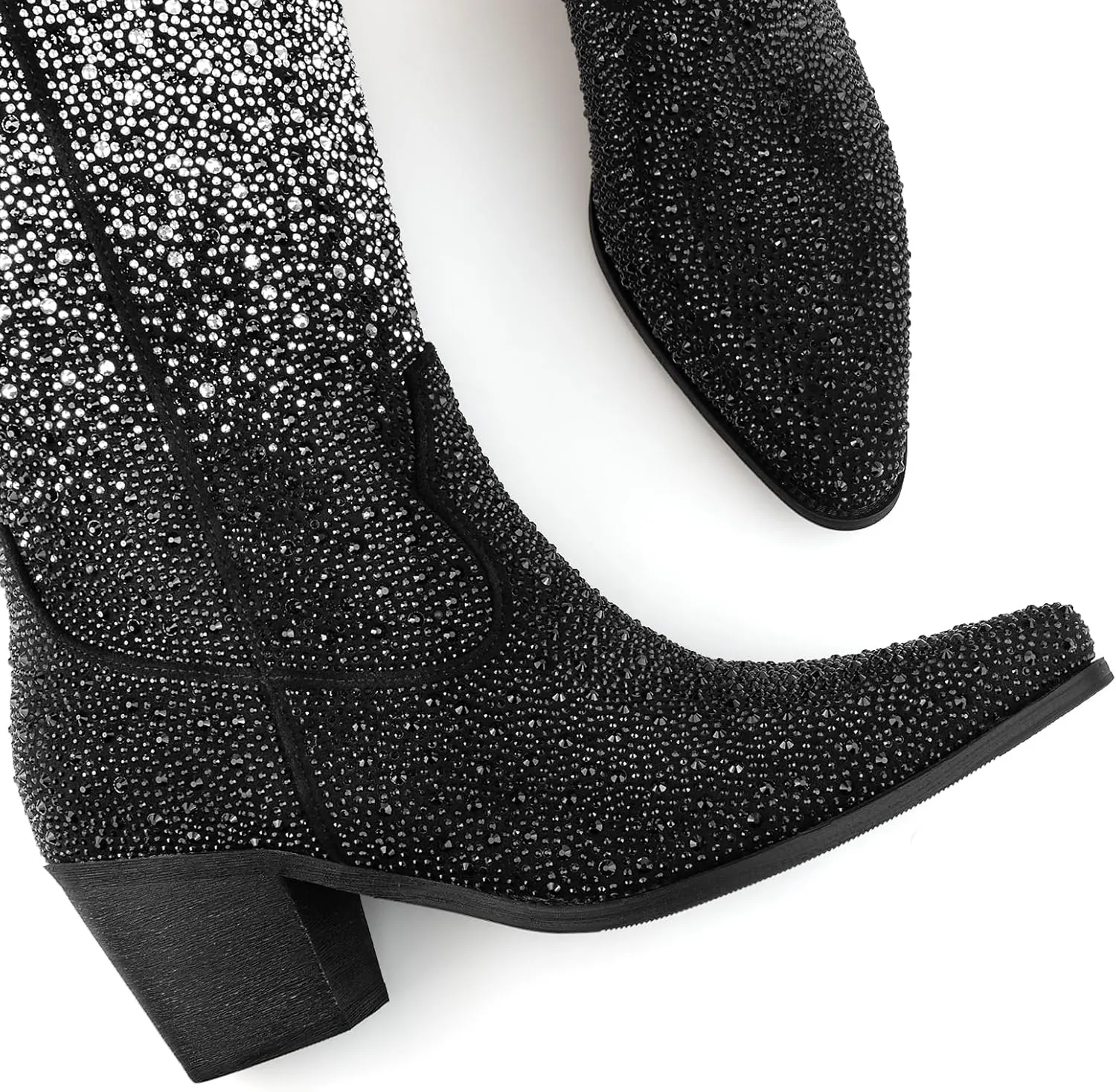 Women’s Rhinestone Cowboy Boots Mid Calf Pointed Toe Sparkly Block Heel Cowgirl Boots with Pull On Tabs