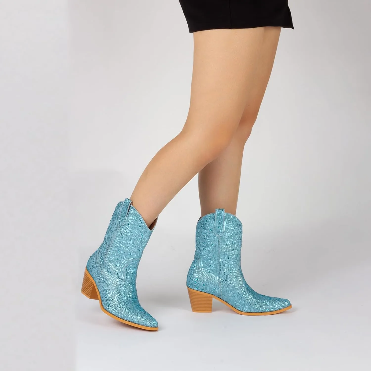 Women’s Rhinestone Cowboy Boots Pointed Toe Mid Calf Boots Sparkly Block Heel Cowgirl Boots with Pull On Tabs