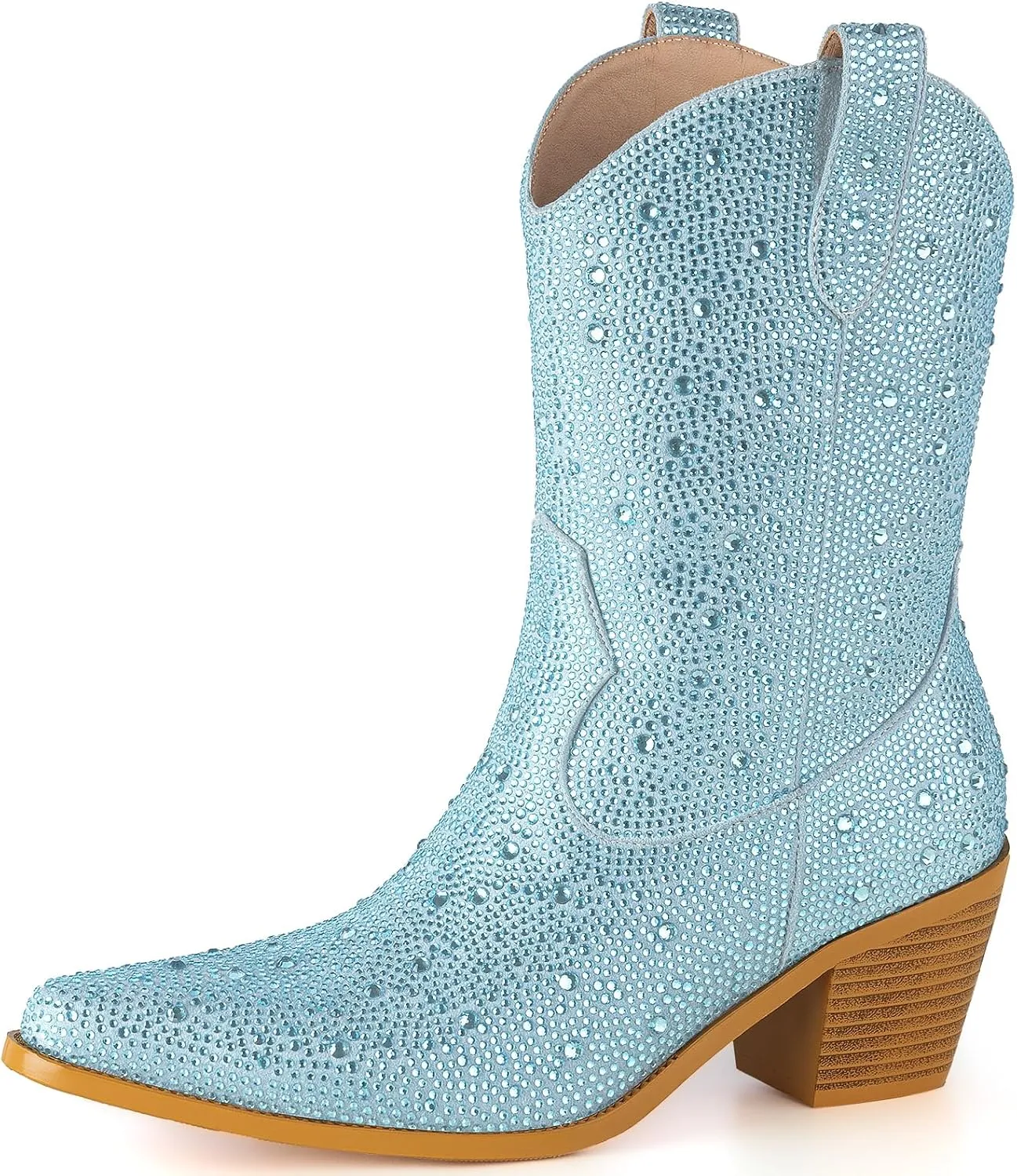 Women’s Rhinestone Cowboy Boots Pointed Toe Mid Calf Boots Sparkly Block Heel Cowgirl Boots with Pull On Tabs