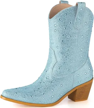 Women’s Rhinestone Cowboy Boots Pointed Toe Mid Calf Boots Sparkly Block Heel Cowgirl Boots with Pull On Tabs