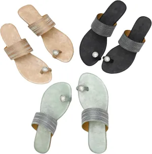 Women's Rhinestone Flat Clip Toe Loop Ring Flip Flops Sandals Block Low Heel Slip on Gladiator Thong Slides for Women Summer Outdoor