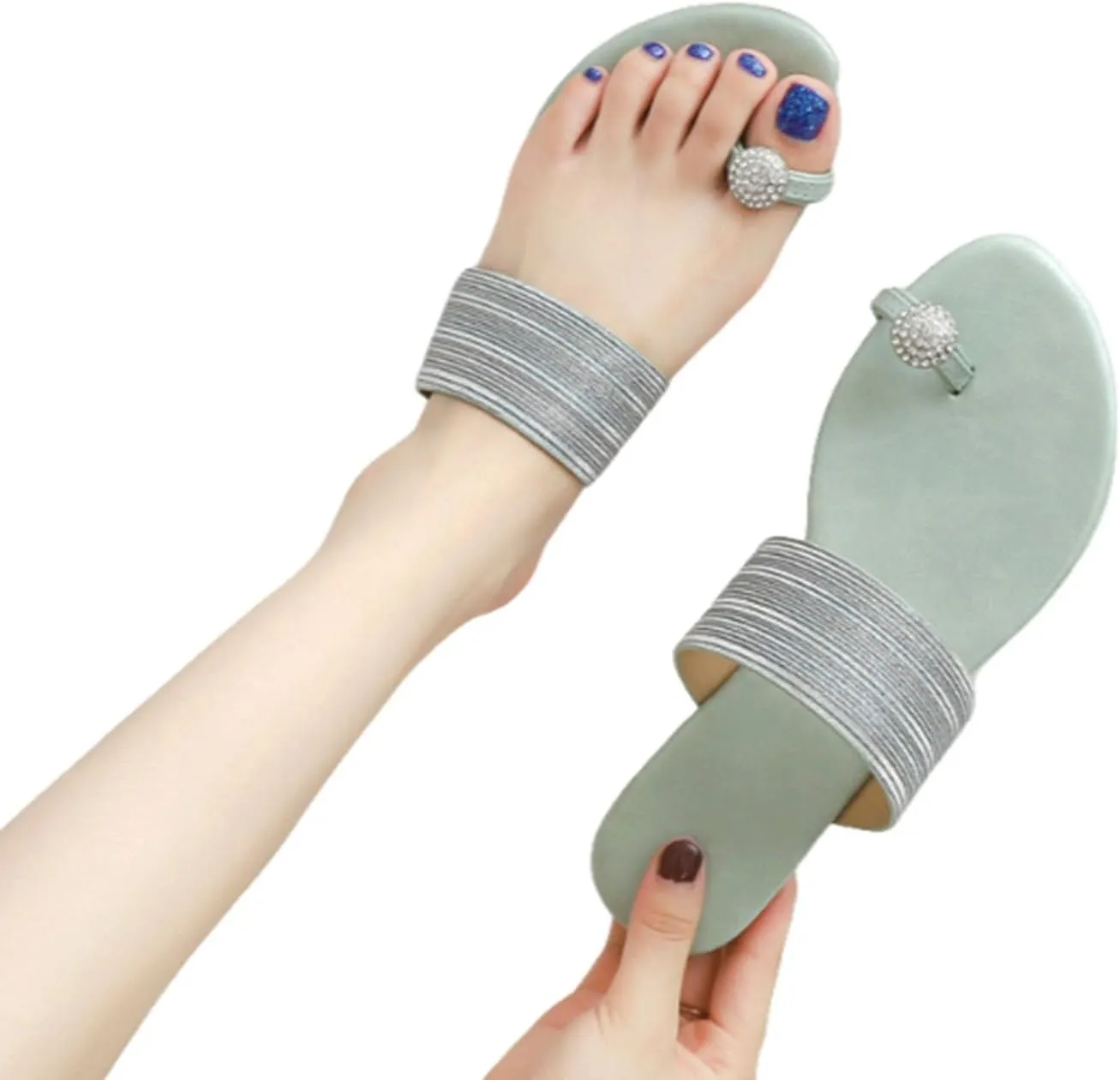 Women's Rhinestone Flat Clip Toe Loop Ring Flip Flops Sandals Block Low Heel Slip on Gladiator Thong Slides for Women Summer Outdoor
