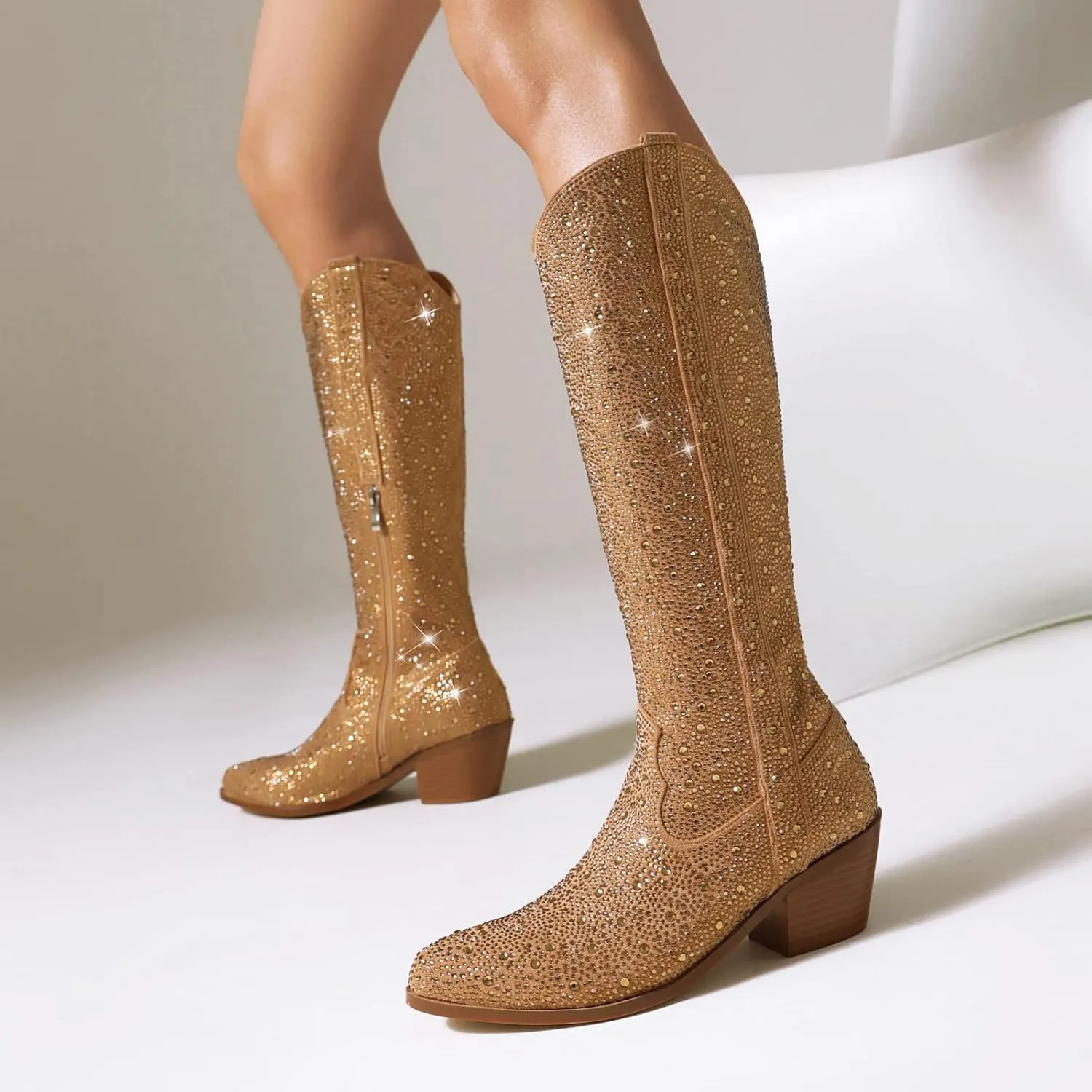 Women's Rhinestone Silver Gold Western Cowboy Boots, Side Zipper Knee High for Women Chunky Heels Cowgirl Boots