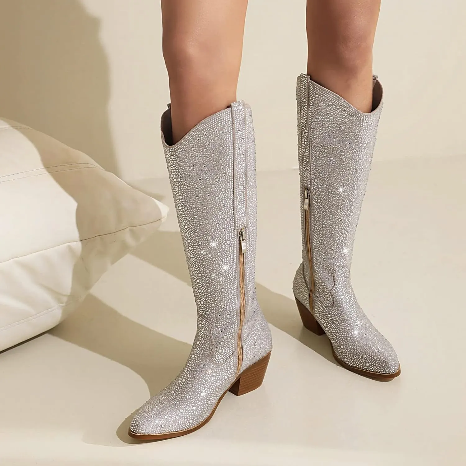 Women's Rhinestone Silver Gold Western Cowboy Boots, Side Zipper Knee High for Women Chunky Heels Cowgirl Boots