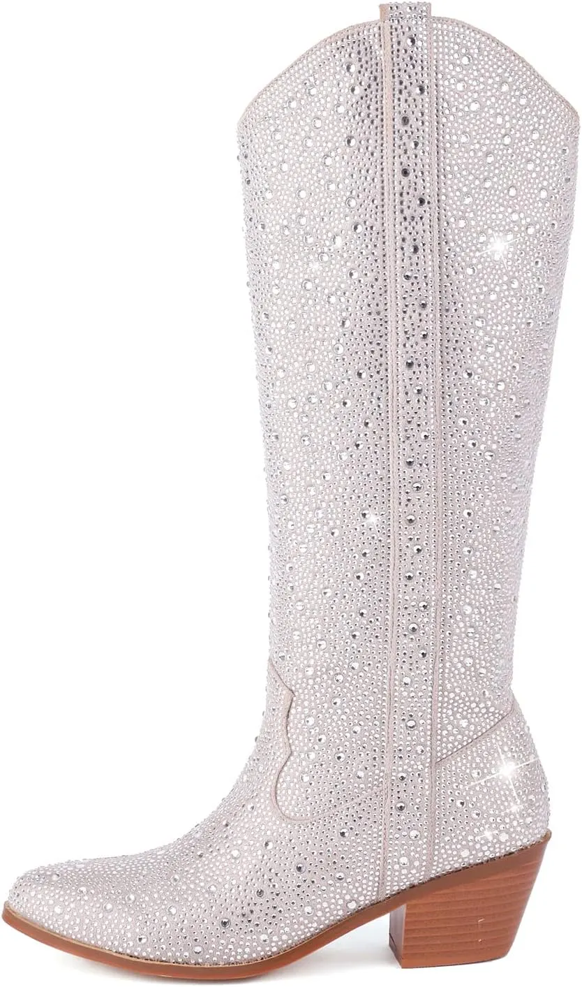 Women's Rhinestone Silver Gold Western Cowboy Boots, Side Zipper Knee High for Women Chunky Heels Cowgirl Boots