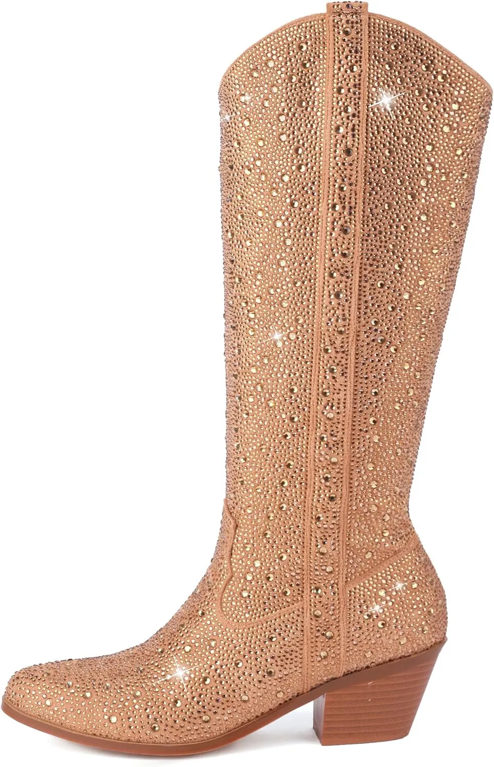 Women's Rhinestone Silver Gold Western Cowboy Boots, Side Zipper Knee High for Women Chunky Heels Cowgirl Boots