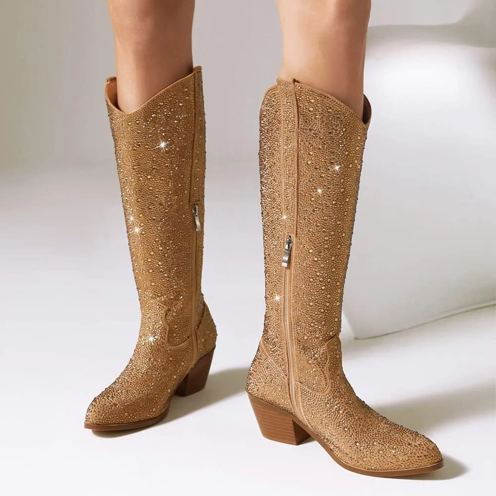 Women's Rhinestone Silver Gold Western Cowboy Boots, Side Zipper Knee High for Women Chunky Heels Cowgirl Boots