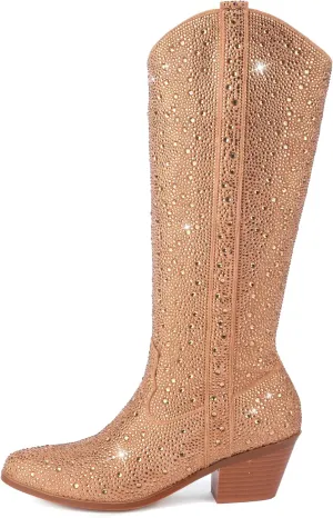 Women's Rhinestone Silver Gold Western Cowboy Boots, Side Zipper Knee High for Women Chunky Heels Cowgirl Boots