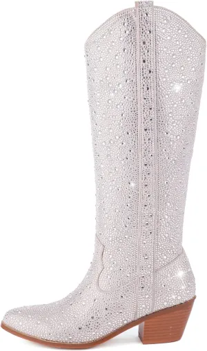Women's Rhinestone Silver Gold Western Cowboy Boots, Side Zipper Knee High for Women Chunky Heels Cowgirl Boots