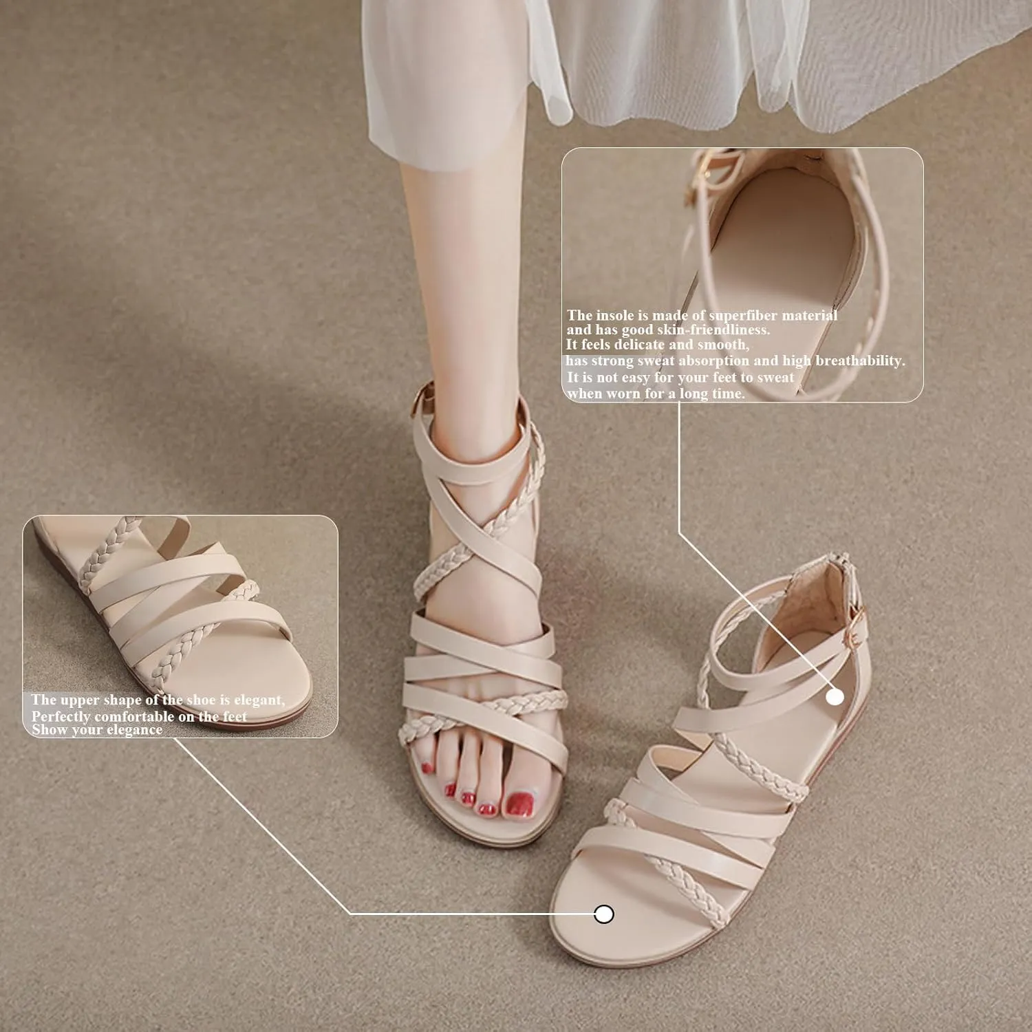 Women'S Roman Flat Sandals,Comfortable Open Toe Gladiator Sandals,Convenient Back Zip Fisherman Sandals,Outdoor Casual Dressy Sandals