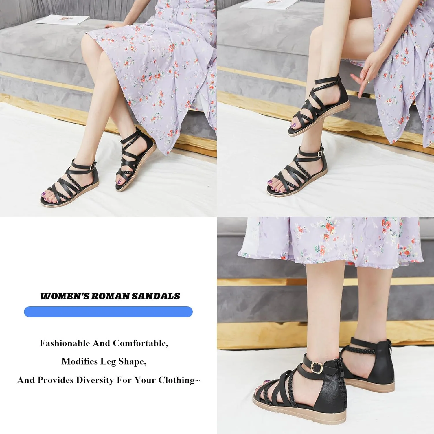 Women'S Roman Flat Sandals,Comfortable Open Toe Gladiator Sandals,Convenient Back Zip Fisherman Sandals,Outdoor Casual Dressy Sandals