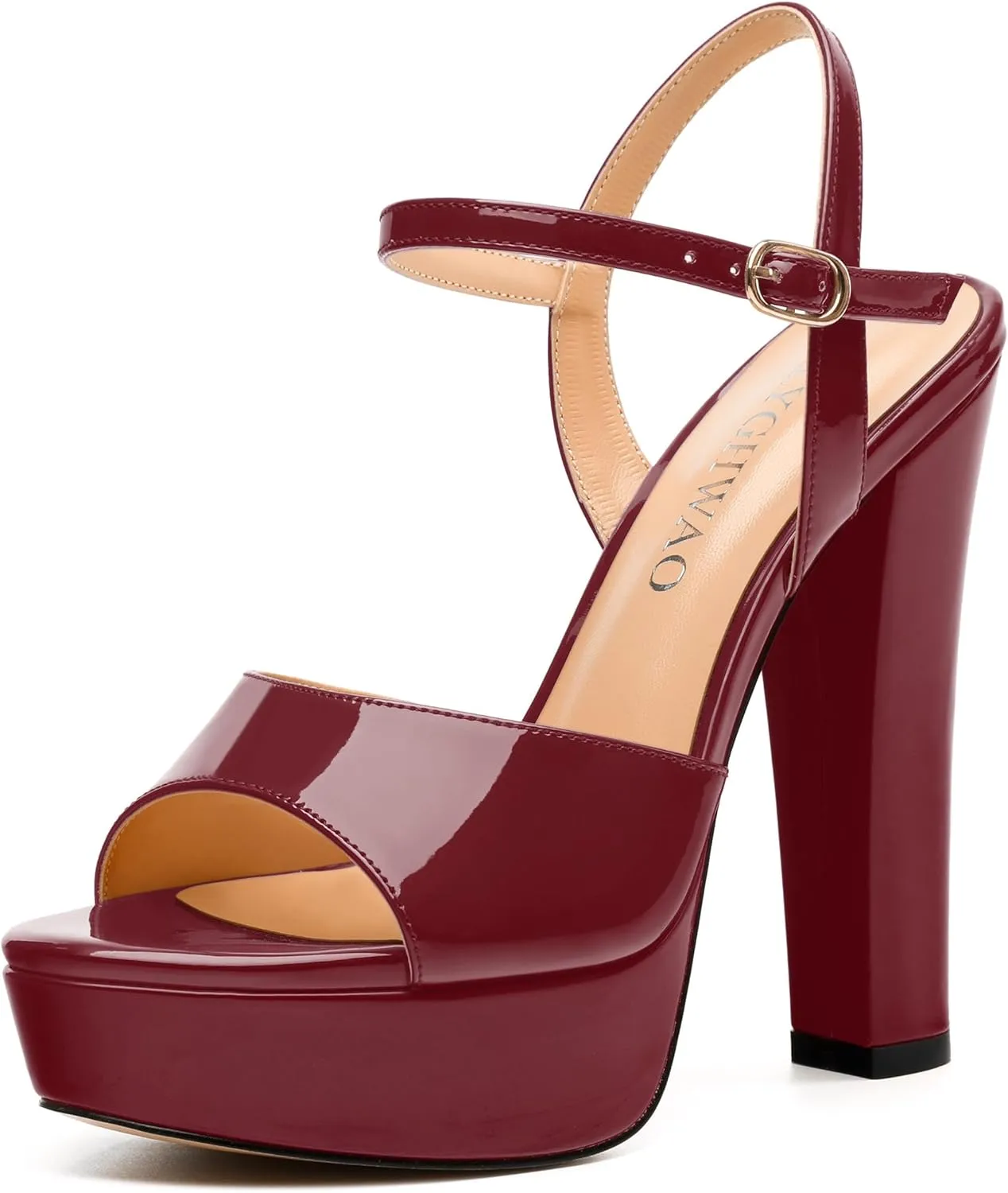Womens Sandals, Round Open Toe Platform Sandals, Adjustable Ankle Strap Buckle High Heels, Fashion Solid Patent Sandals