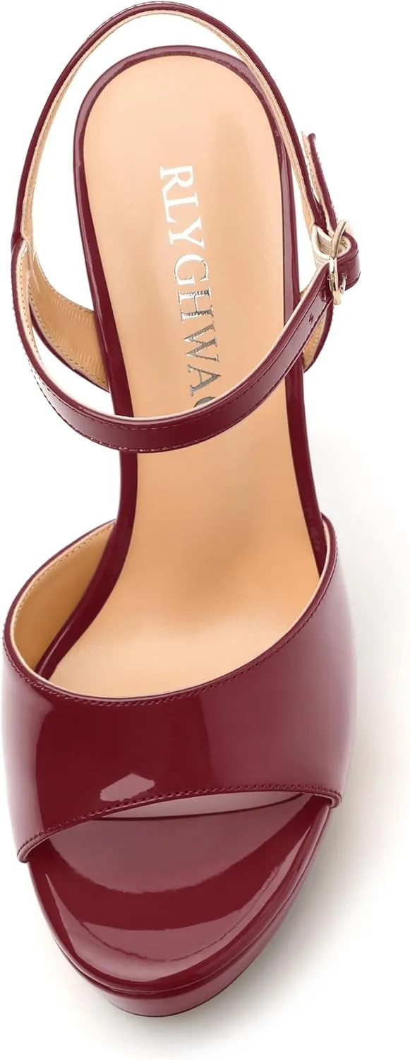 Womens Sandals, Round Open Toe Platform Sandals, Adjustable Ankle Strap Buckle High Heels, Fashion Solid Patent Sandals