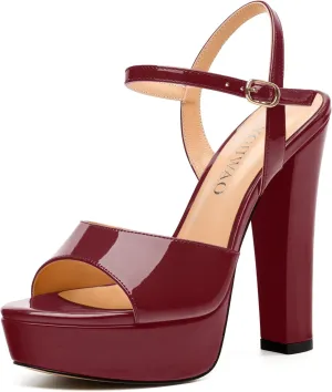 Womens Sandals, Round Open Toe Platform Sandals, Adjustable Ankle Strap Buckle High Heels, Fashion Solid Patent Sandals