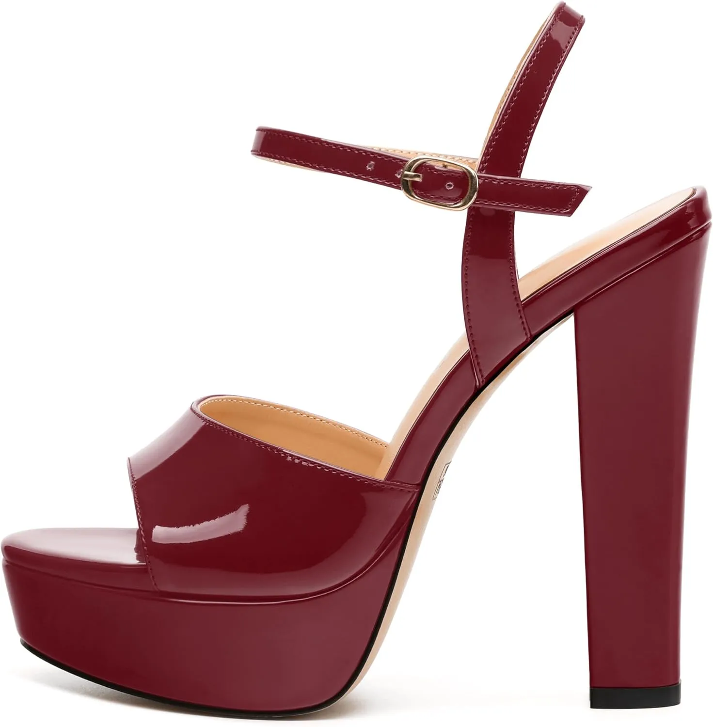 Womens Sandals, Round Open Toe Platform Sandals, Adjustable Ankle Strap Buckle High Heels, Fashion Solid Patent Sandals