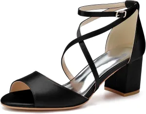 Women's Satin Block Heel Wedding Sandals Peep Toe Sandals for Women Cross Strap Evening Dressy Bridal Shoes for Women