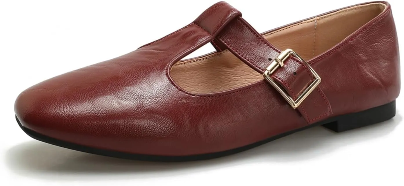 Women's Slip On T-Strap Mary Jane Flats Low Chunky Heel Comfy PU Round Toe Flat Shoes for Women Work Dressy Closed Toe Adjustable Strap Ballet Flats
