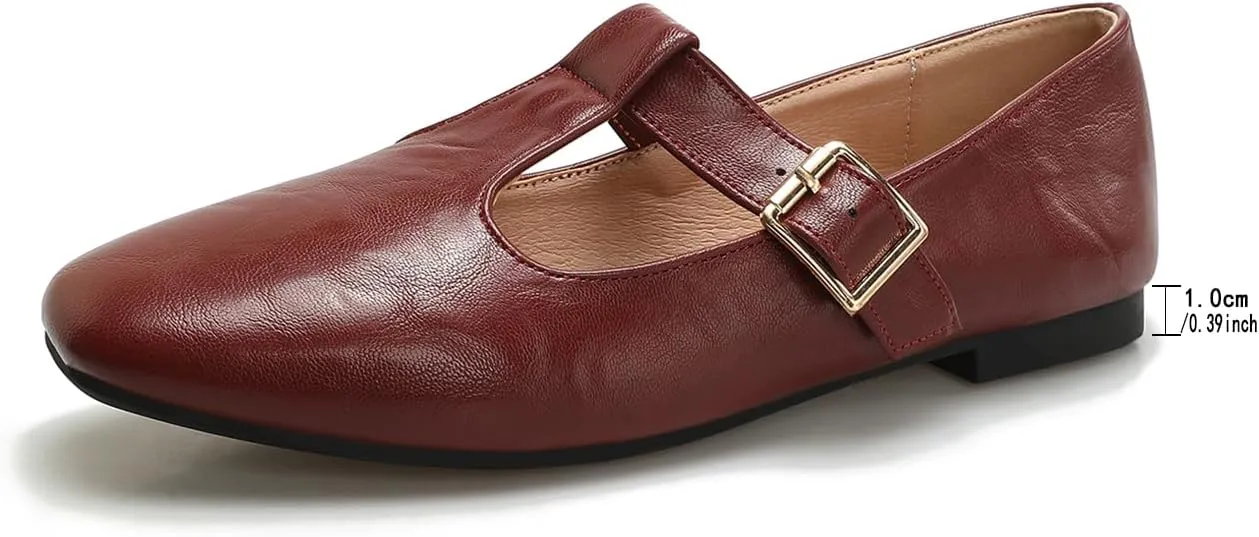 Women's Slip On T-Strap Mary Jane Flats Low Chunky Heel Comfy PU Round Toe Flat Shoes for Women Work Dressy Closed Toe Adjustable Strap Ballet Flats