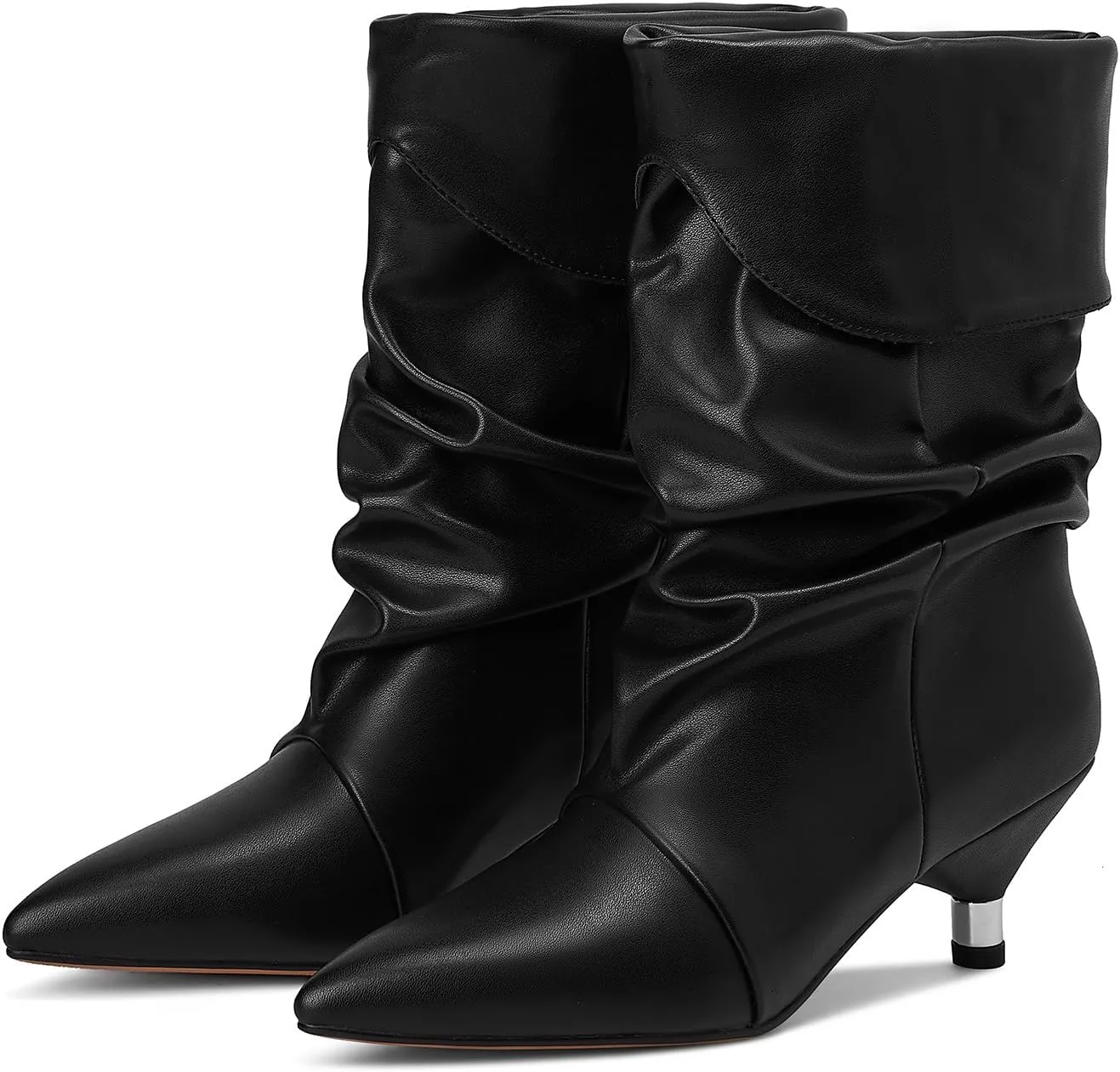 Womens Slouchy Mid Calf Boots for Women Kitten Heel with Pointed Toe Pull On Boots Fall Booties