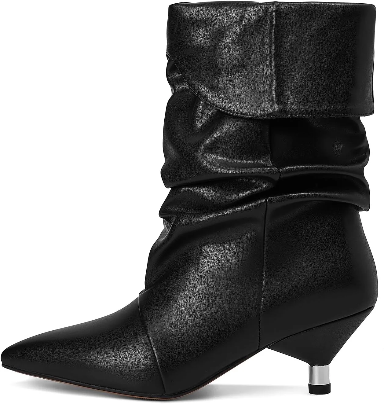 Womens Slouchy Mid Calf Boots for Women Kitten Heel with Pointed Toe Pull On Boots Fall Booties