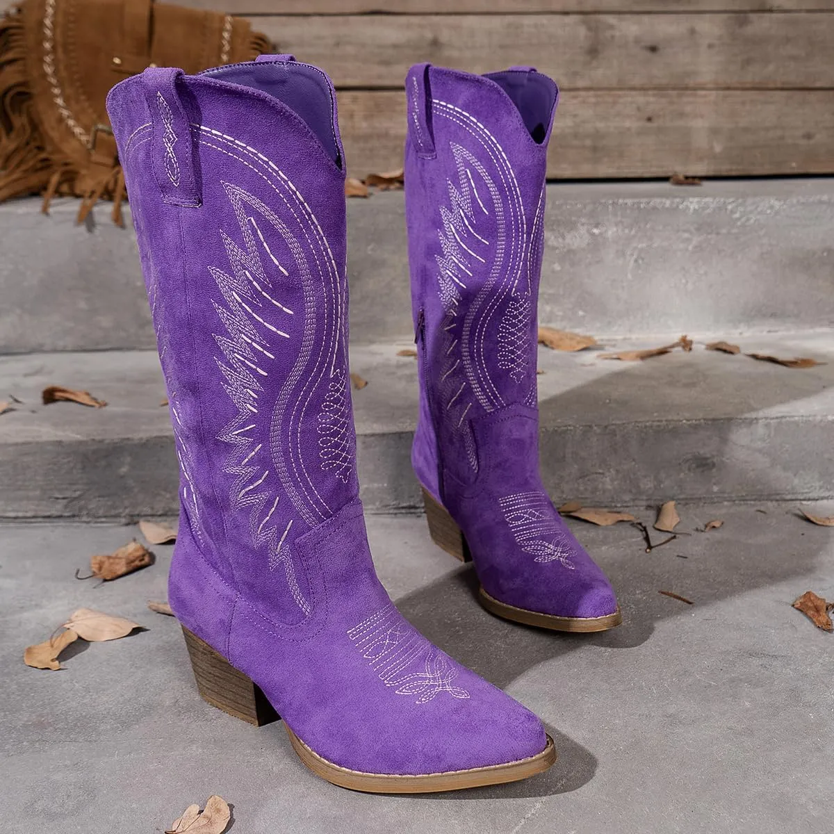 Women's Solid Color Suede Embroidered Side Zipper High Heeled Boots With Sloping Heels, Versatile Trendy, Cowboy Boot