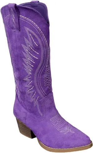 Women's Solid Color Suede Embroidered Side Zipper High Heeled Boots With Sloping Heels, Versatile Trendy, Cowboy Boot