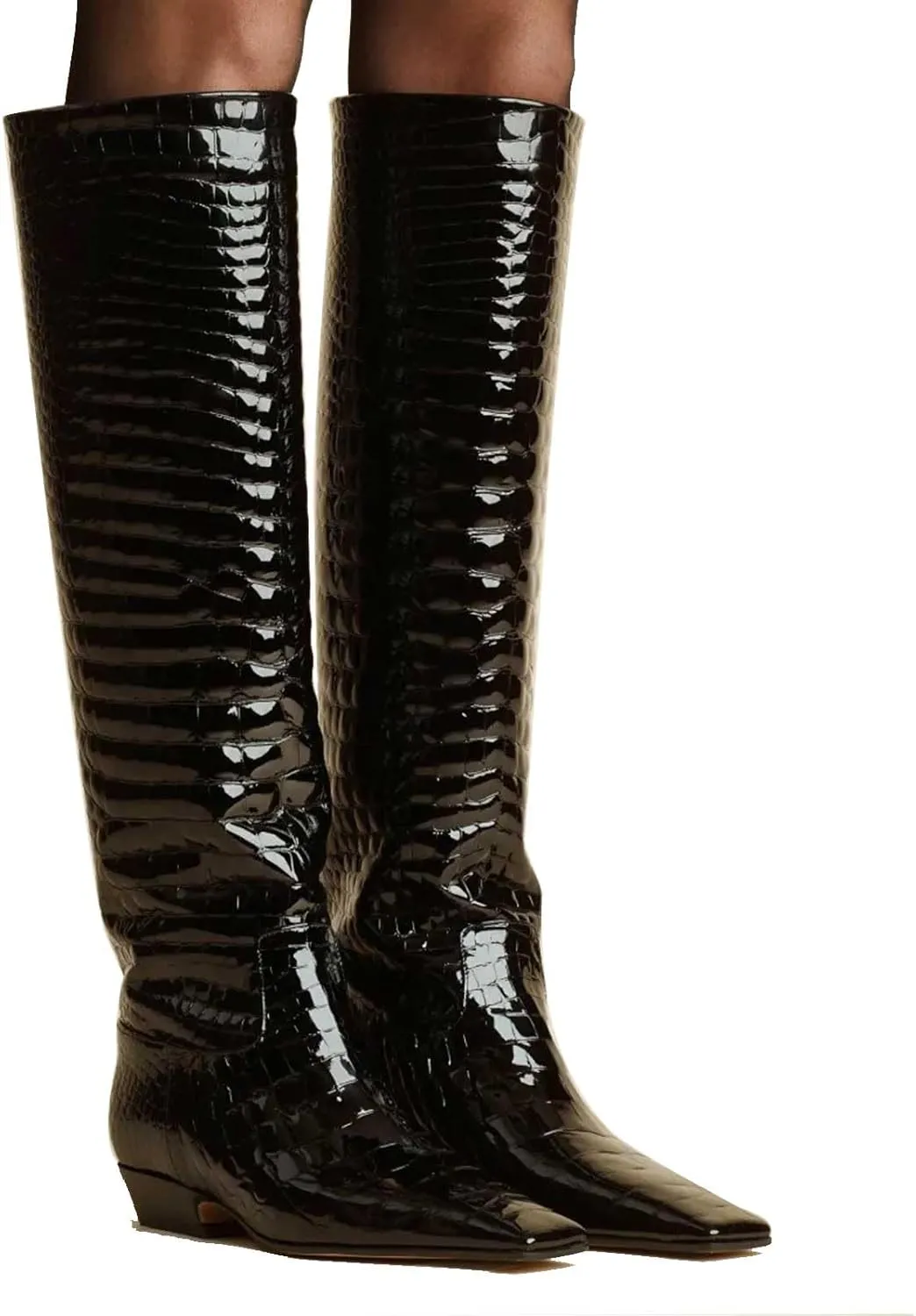 Women's Square Toe Flat Heel Knee High Boots Slip On Boots Low Heel Formal Wide Calf Comfortable Retro Casual Walking Party Office Flat Boots