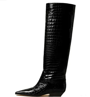 Women's Square Toe Flat Heel Knee High Boots Slip On Boots Low Heel Formal Wide Calf Comfortable Retro Casual Walking Party Office Flat Boots