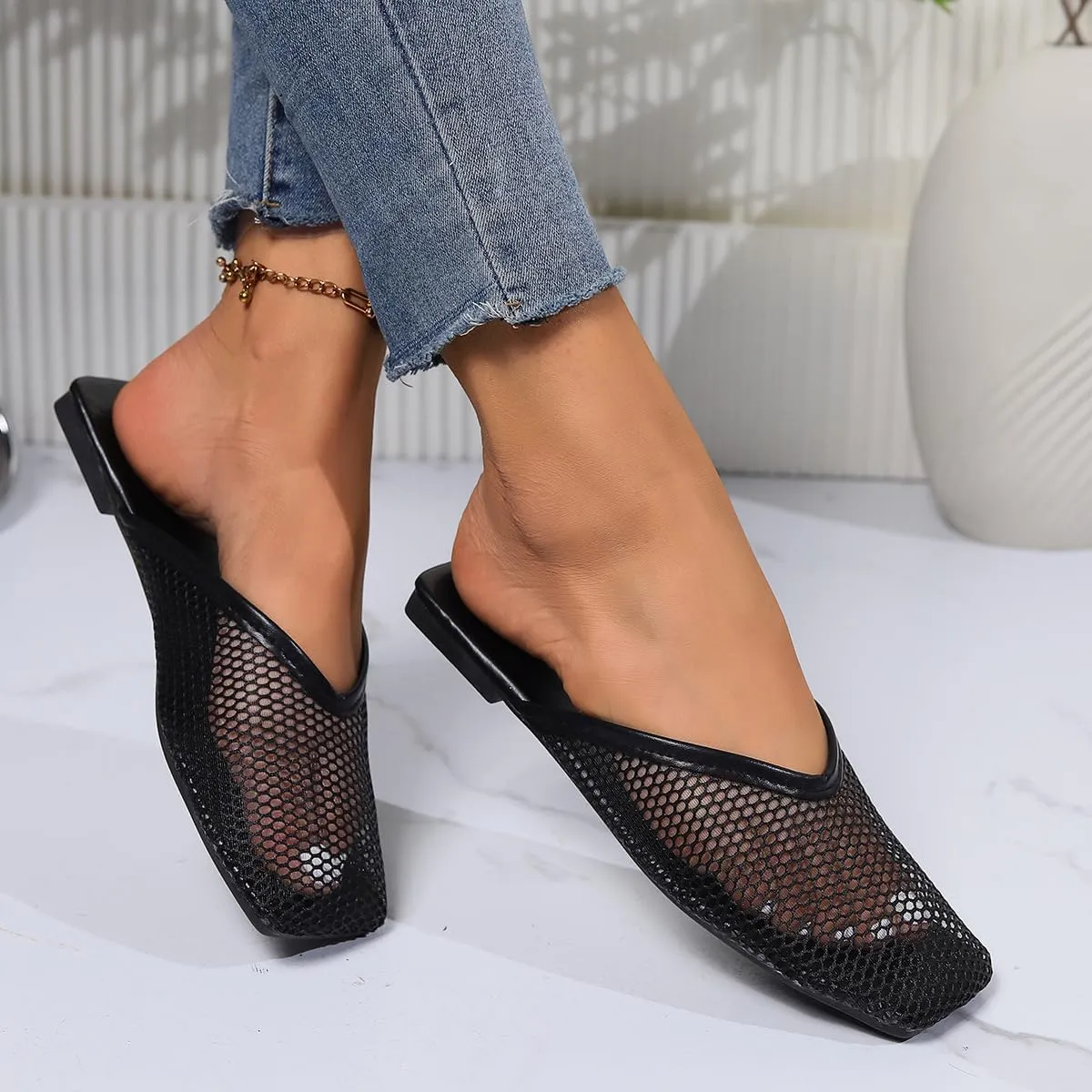 Women's Square Toe Mesh Flats Mesh Slippers Sandals for Women, Stretch Fishnet Stockings Hollow Short Flat Shoes (Black,8.5)